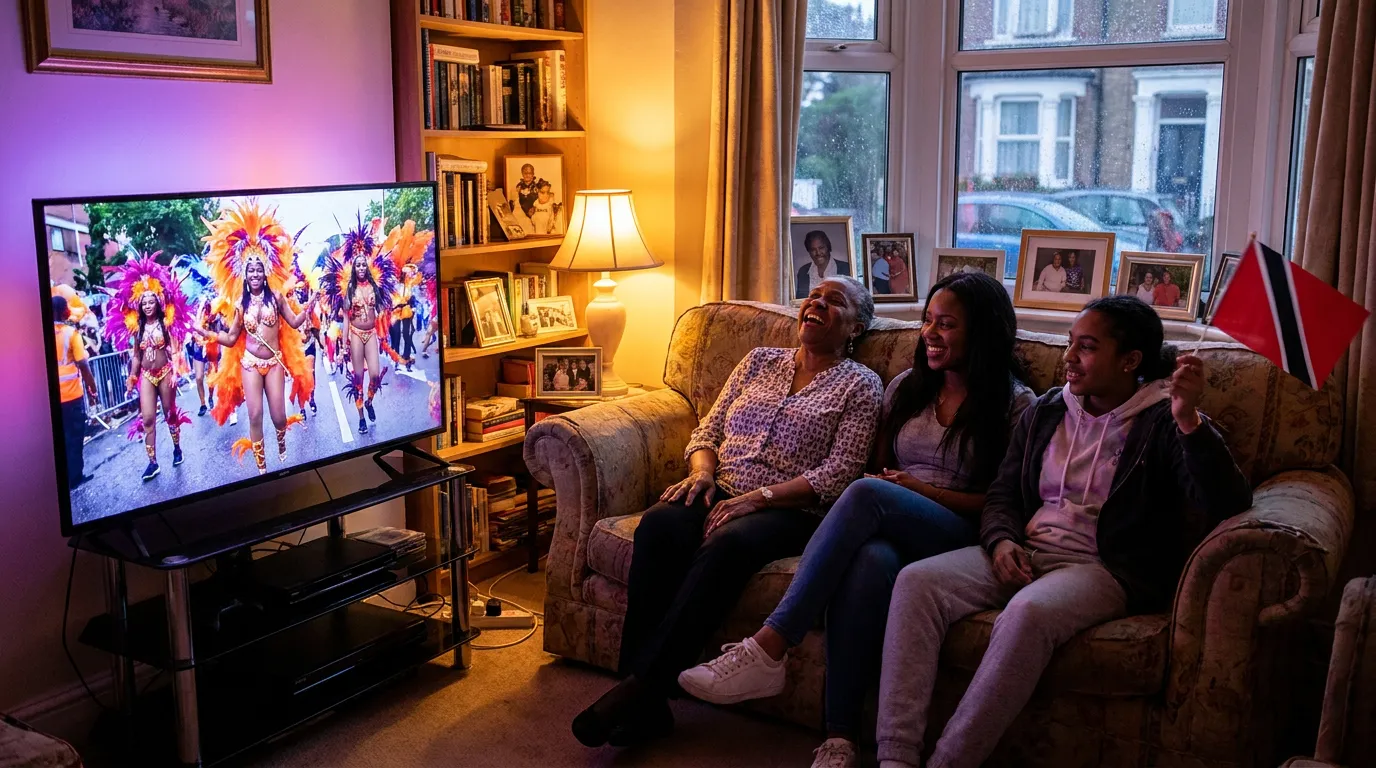 A family at home in London, three generations on the sofa, laughing as carnival plays live on the television.