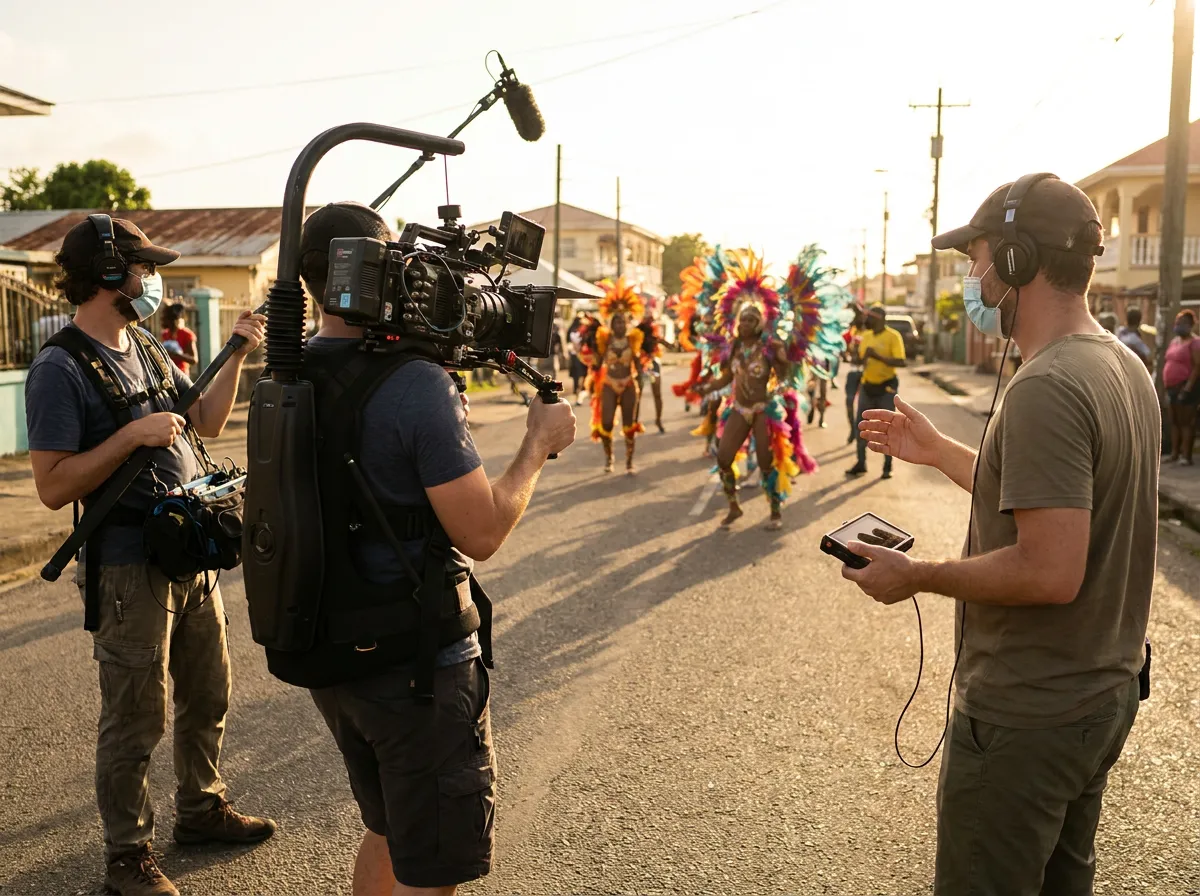 A film crew with a cinema camera and a boom microphone shooting a carnival band on the road.