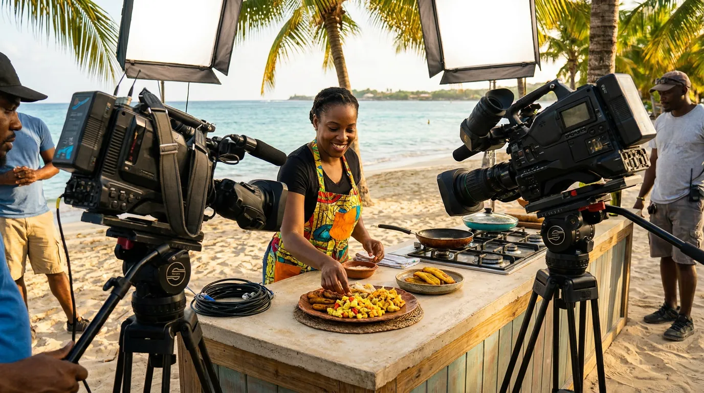 A chef plates a Caribbean dish on a seaside kitchen set while studio cameras film her.