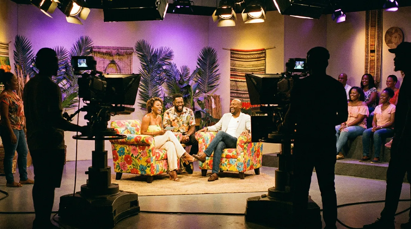 Two hosts and a guest laugh together on a brightly lit talk-show set in front of the cameras.