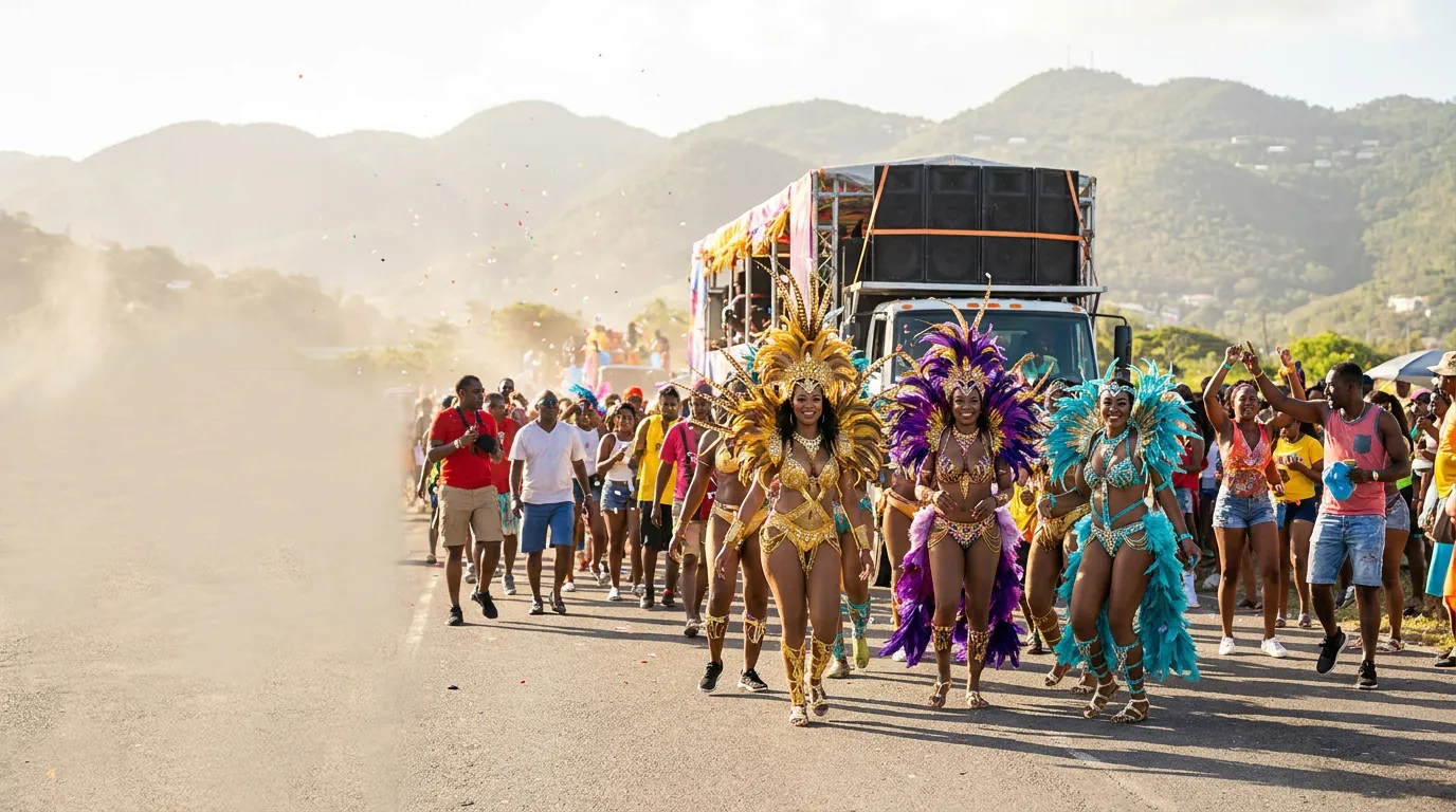 Masqueraders in gold, purple and turquoise feathers dancing on the road, with the music truck and the crowd behind them.